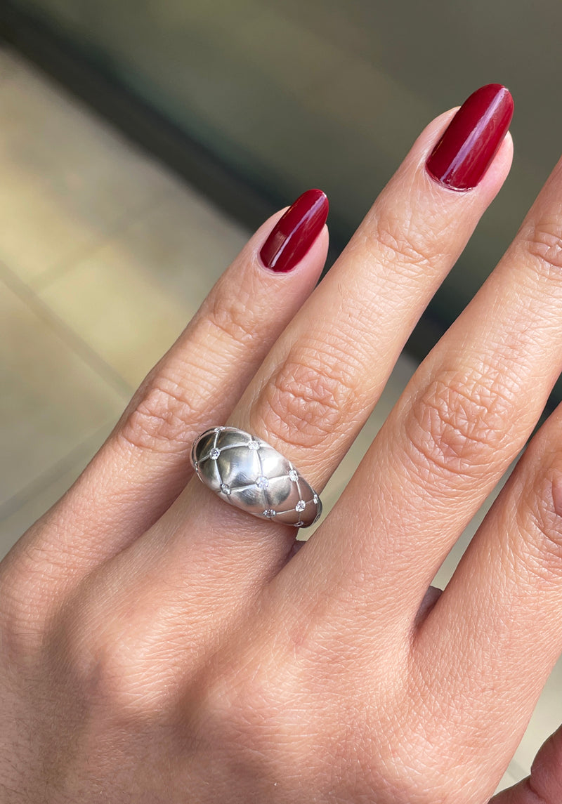 Fabergé 'Treillage' Brushed 18K White Gold and Diamond Quilted Dome Ring