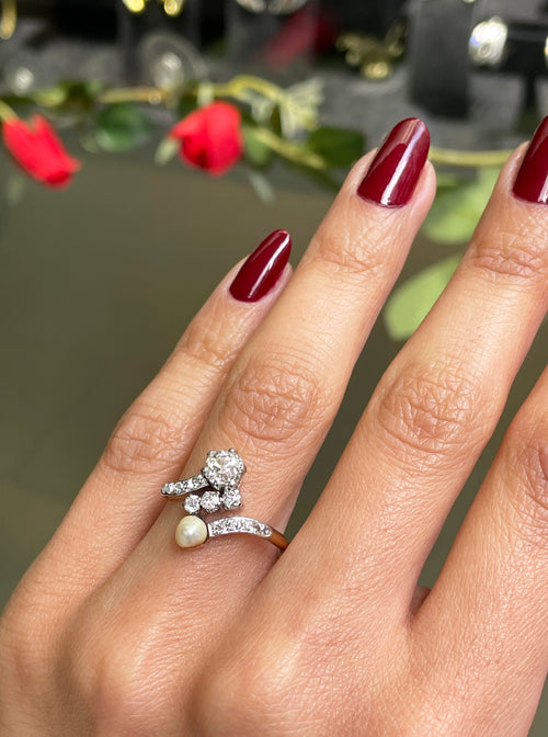 Pearl and Diamond Toi et Moi 18ct Gold and Platinum Engagement Ring, c.1910