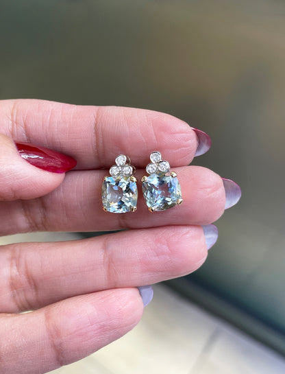 4.04 Carat Cushion Shape Aquamarine and Diamond 18ct Gold Stud Earrings