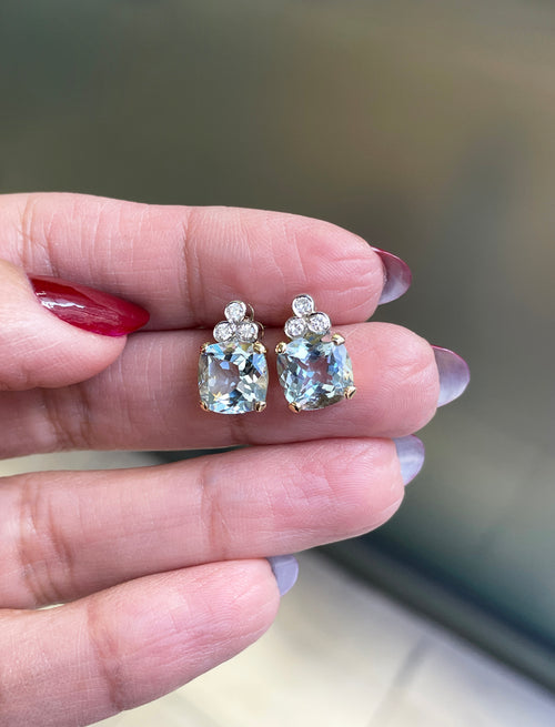 4.04 Carat Cushion Shape Aquamarine and Diamond 18ct Gold Stud Earrings