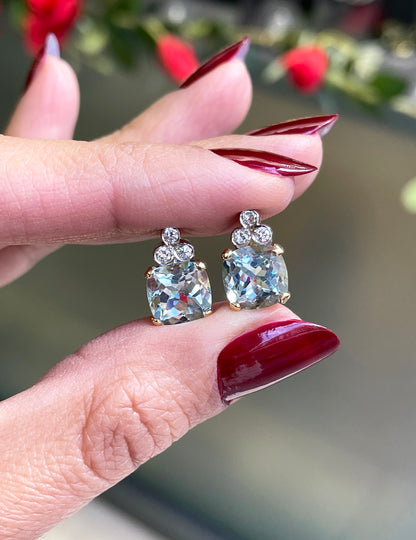 4.04 Carat Cushion Shape Aquamarine and Diamond 18ct Gold Stud Earrings