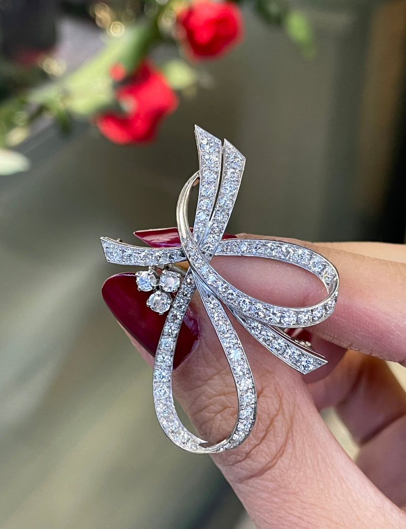 French Vintage Diamond Platinum Ribbon Brooch, Circa 1950's
