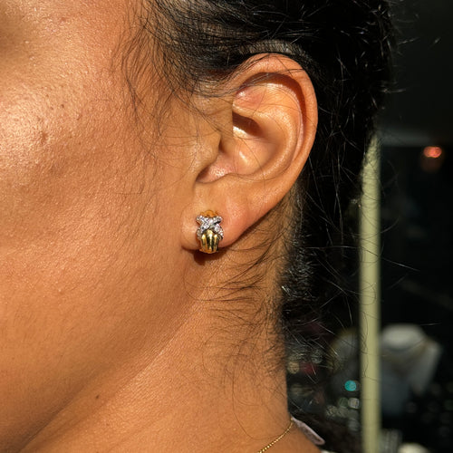 Diamond 18 Carat Yellow and White Gold 'Kiss' Huggie Half-Hoop Earrings
