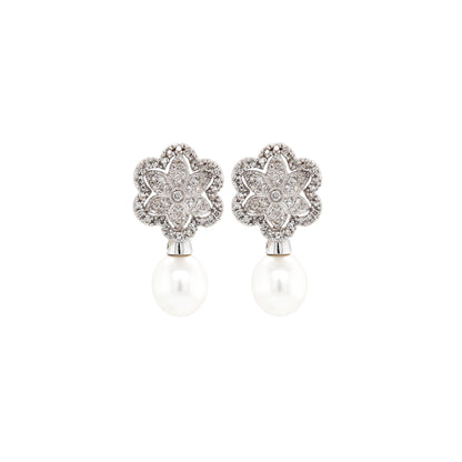 Cultured Pearl and Floral Diamond Cluster 18 Carat White Gold Drop Earrings