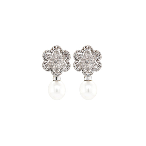 Cultured Pearl and Floral Diamond Cluster 18 Carat White Gold Drop Earrings