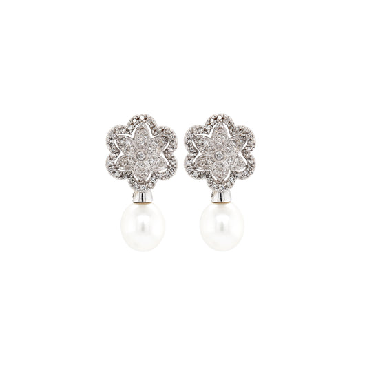 Cultured Pearl and Floral Diamond Cluster 18 Carat White Gold Drop Earrings