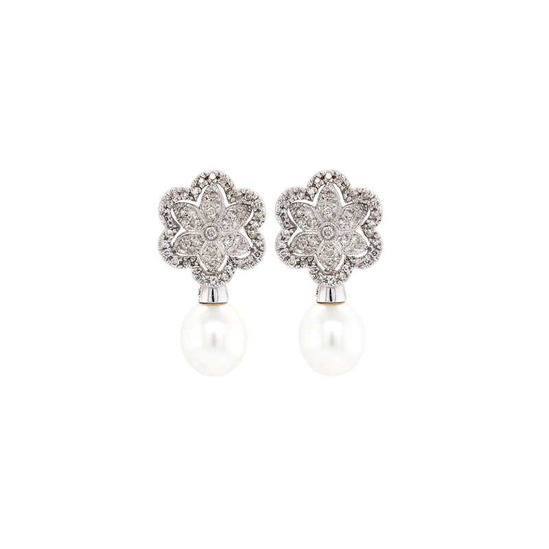 Cultured Pearl and Floral Diamond Cluster 18 Carat White Gold Drop Earrings