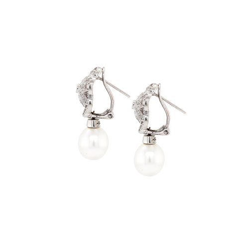 Cultured Pearl and Floral Diamond Cluster 18 Carat White Gold Drop Earrings