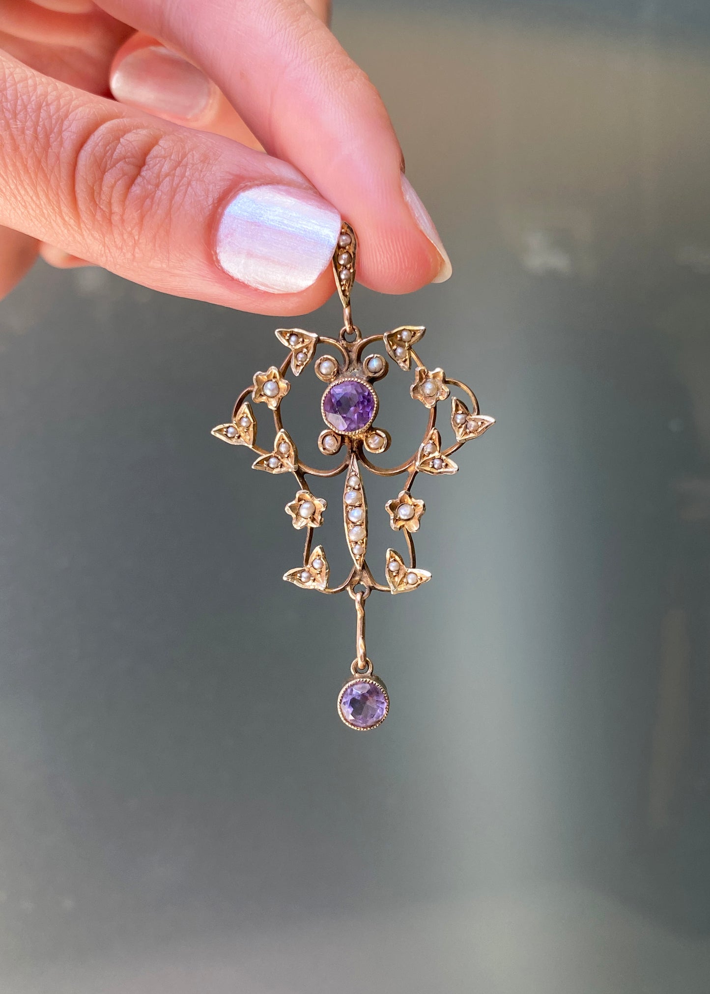 Late Victorian Amethyst & Seed Pearl 9 Carat Yellow Gold Lavaliere Style Pendant