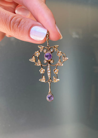 Late Victorian Amethyst & Seed Pearl 9 Carat Yellow Gold Lavaliere Style Pendant