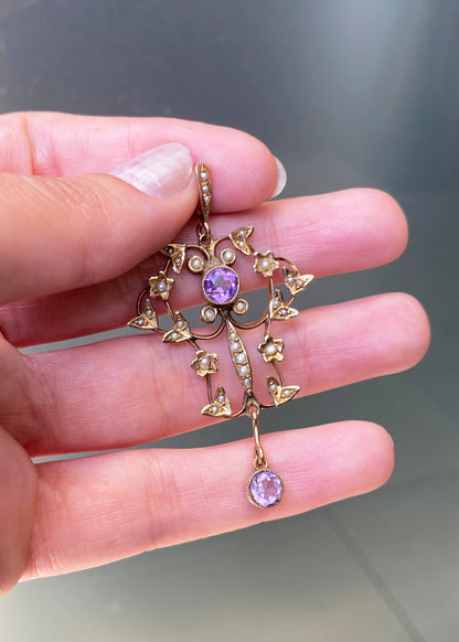 Late Victorian Amethyst & Seed Pearl 9 Carat Yellow Gold Lavaliere Style Pendant