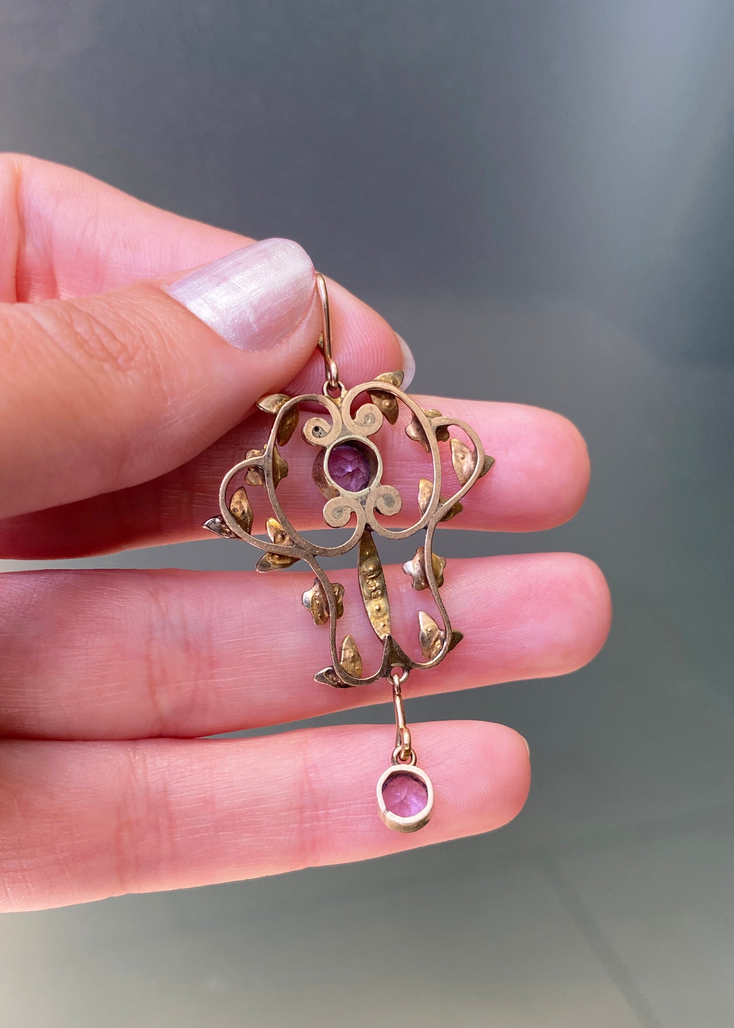 Late Victorian Amethyst & Seed Pearl 9 Carat Yellow Gold Lavaliere Style Pendant