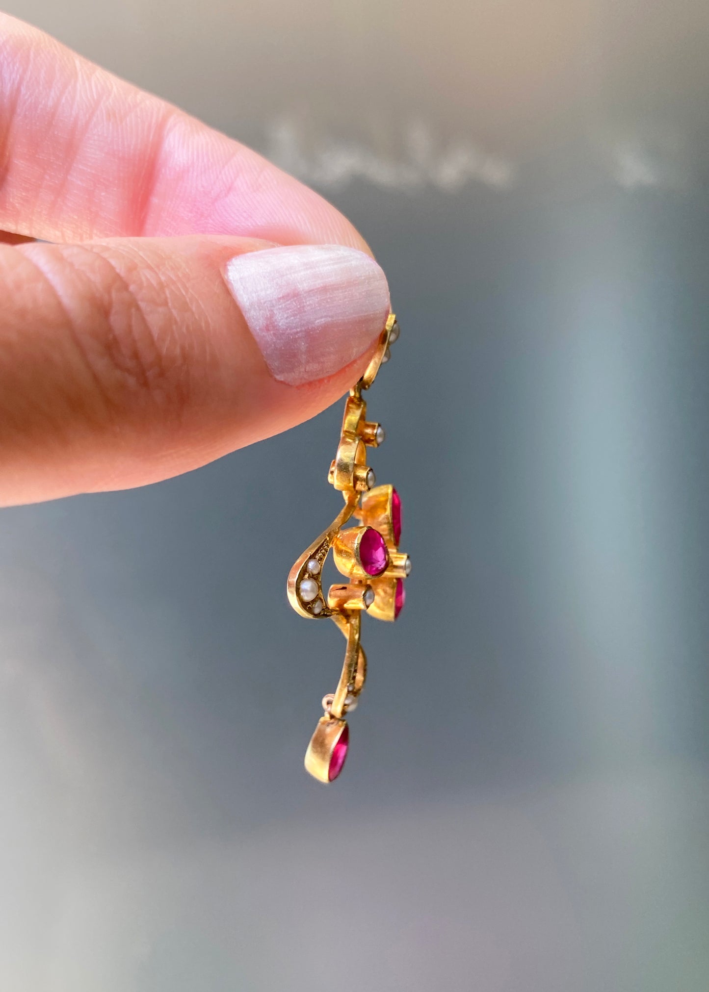 Edwardian Synthetic Ruby and Seed Pearl 15K Yellow Gold Lavaliere Style Pendant
