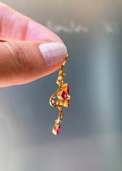Edwardian Synthetic Ruby and Seed Pearl 15K Yellow Gold Lavaliere Style Pendant