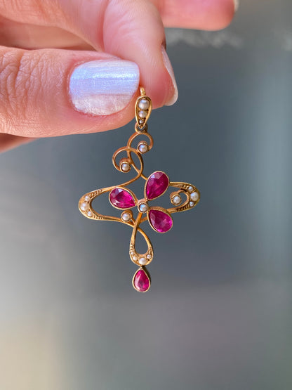 Edwardian Synthetic Ruby and Seed Pearl 15K Yellow Gold Lavaliere Style Pendant