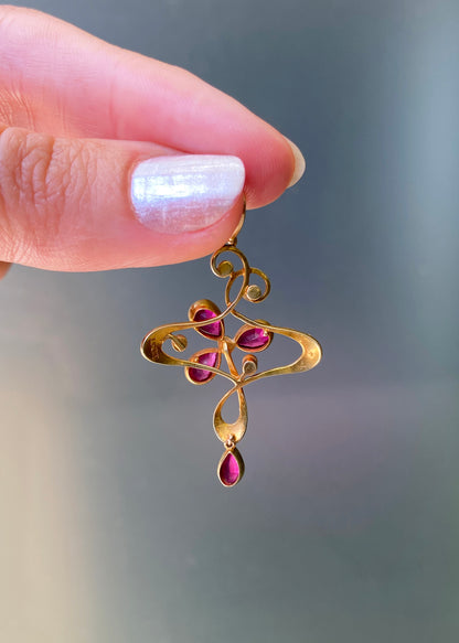 Edwardian Synthetic Ruby and Seed Pearl 15K Yellow Gold Lavaliere Style Pendant
