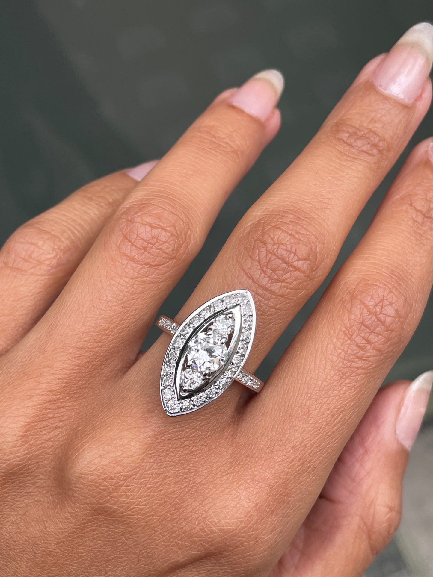 Old Cut Diamond Marquise Shaped Platinum Dress Ring