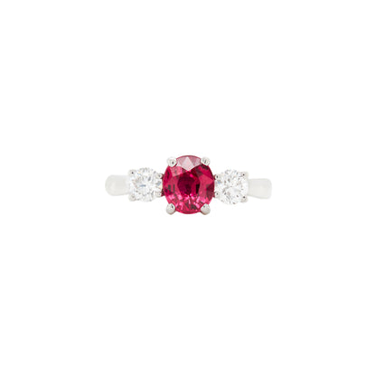1.05ct Natural Unheated Oval Ruby & Diamond Platinum Three-Stone Engagement Ring