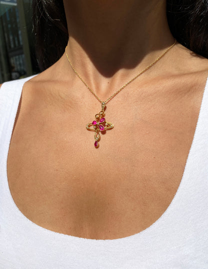 Edwardian Synthetic Ruby and Seed Pearl 15K Yellow Gold Lavaliere Style Pendant