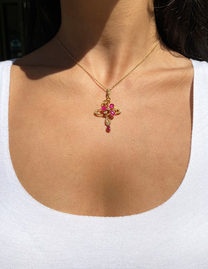 Edwardian Synthetic Ruby and Seed Pearl 15K Yellow Gold Lavaliere Style Pendant