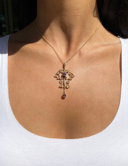 Late Victorian Amethyst & Seed Pearl 9 Carat Yellow Gold Lavaliere Style Pendant
