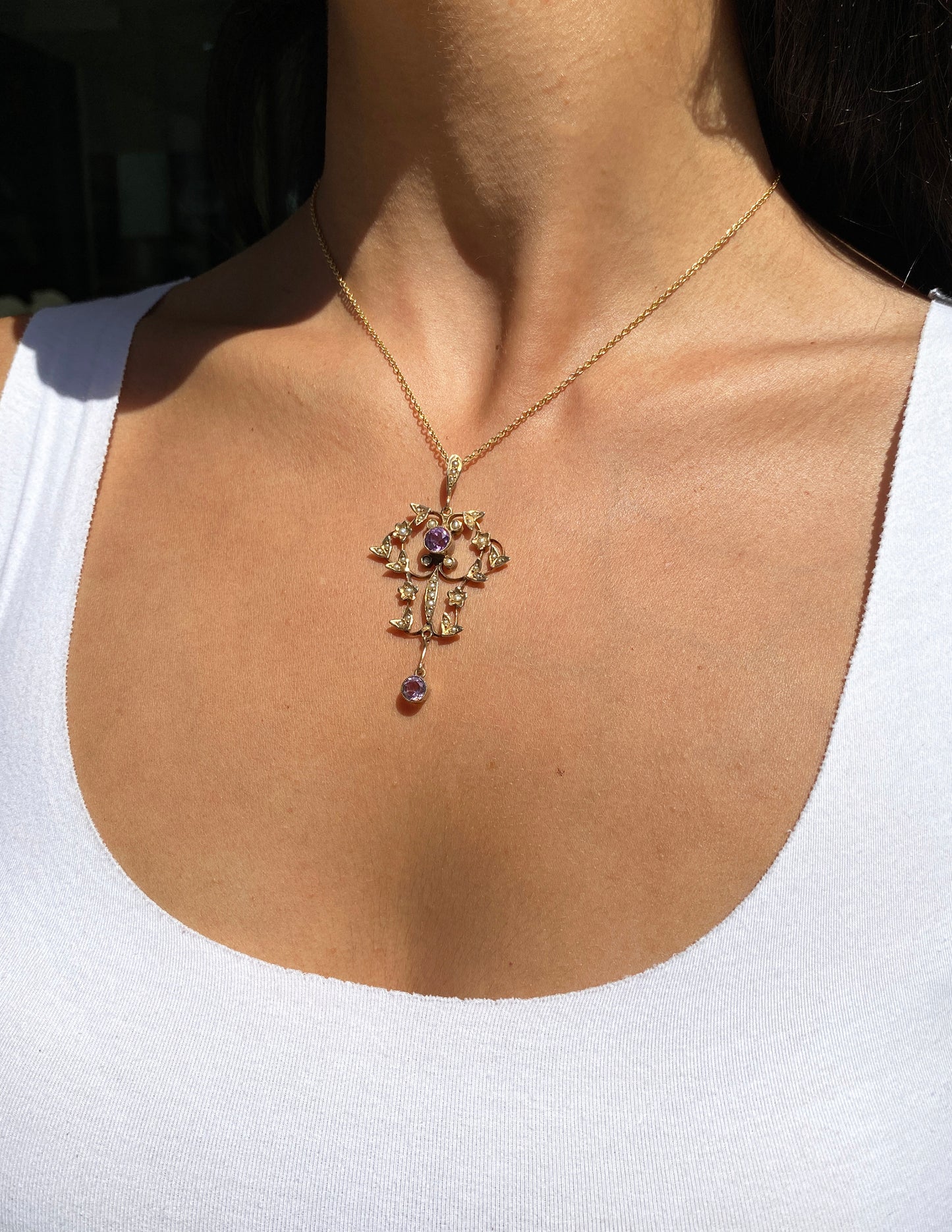 Late Victorian Amethyst & Seed Pearl 9 Carat Yellow Gold Lavaliere Style Pendant