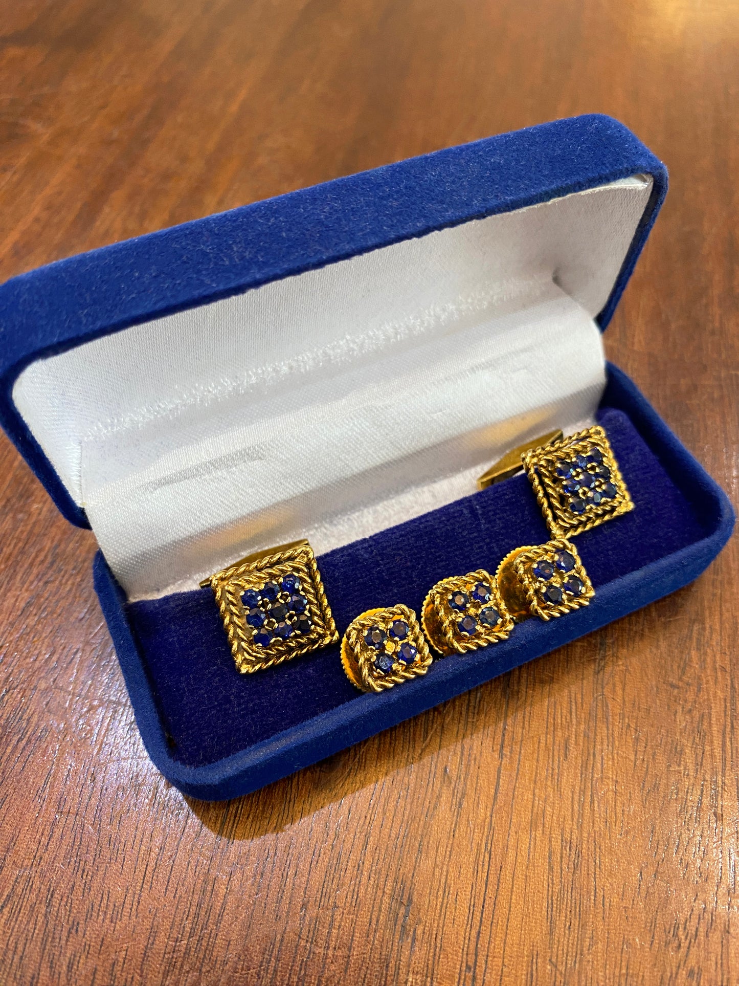 Vintage Ben Rosenfeld Blue Sapphire Square Cufflinks & Studs Set in 18K Gold