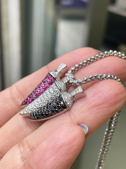 Ruby, Black & White Diamond 18K White Gold Three Horn Pendant and Diamond Chain