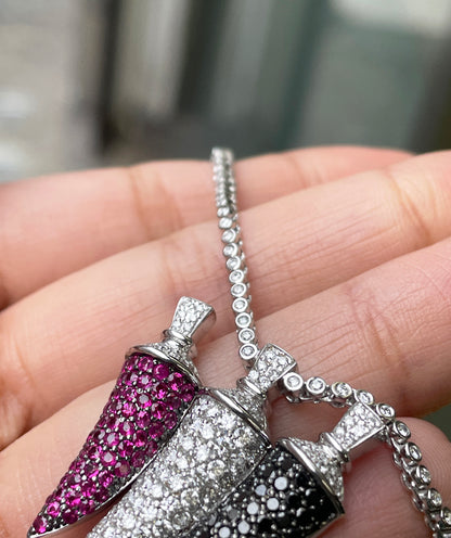 Ruby, Black & White Diamond 18K White Gold Three Horn Pendant and Diamond Chain