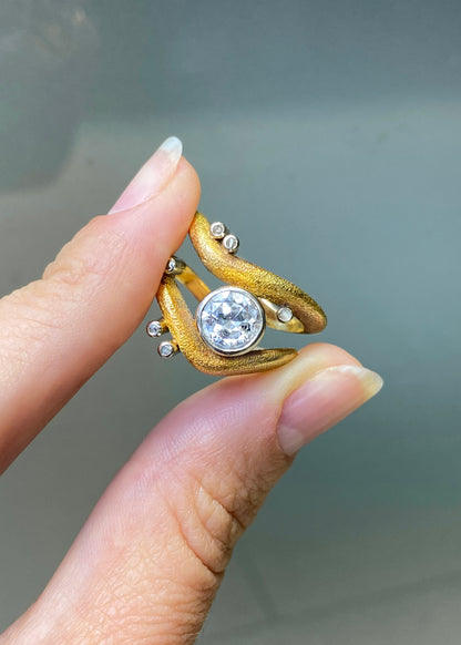 Vintage Diamond 18K Yellow & White Gold Wavy Open Work Abstract Cocktail Ring