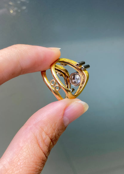 Vintage Diamond 18K Yellow & White Gold Wavy Open Work Abstract Cocktail Ring