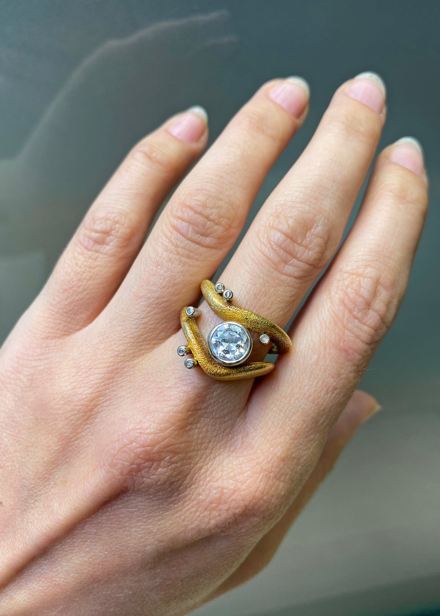 Vintage Diamond 18K Yellow & White Gold Wavy Open Work Abstract Cocktail Ring