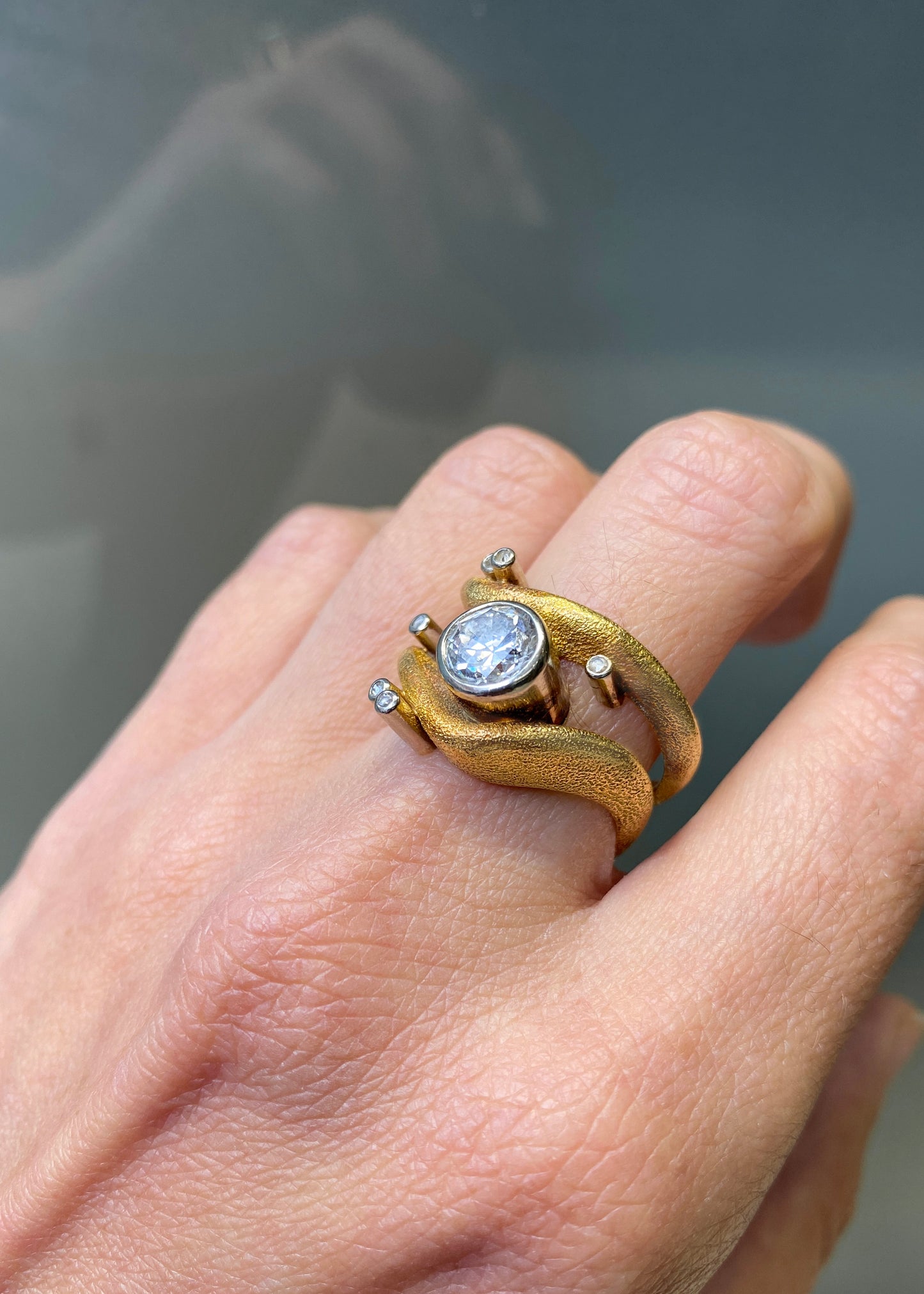 Vintage Diamond 18K Yellow & White Gold Wavy Open Work Abstract Cocktail Ring
