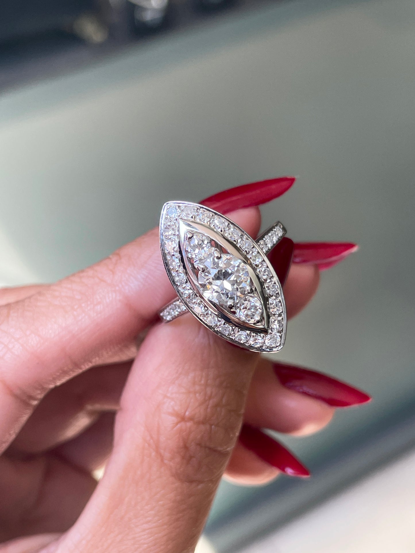 Old Cut Diamond Marquise Shaped Platinum Dress Ring