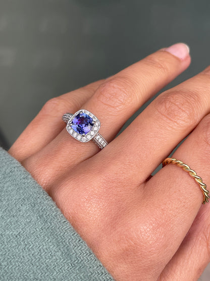 1.32ct Tanzanite and Diamond 18 Carat white Gold Halo Cluster Engagement Ring