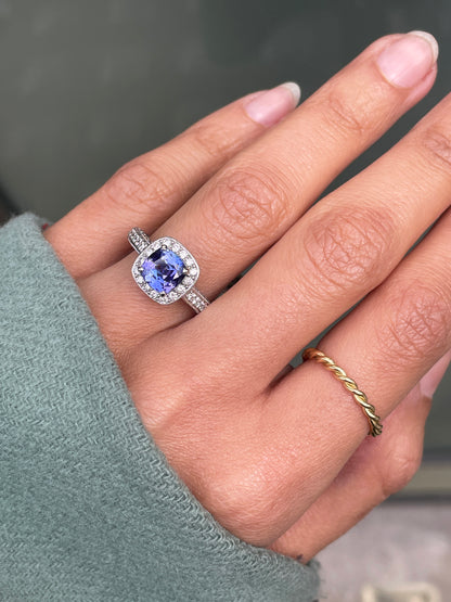 1.32ct Tanzanite and Diamond 18 Carat white Gold Halo Cluster Engagement Ring