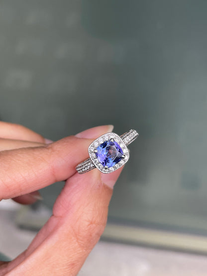 1.32ct Tanzanite and Diamond 18 Carat white Gold Halo Cluster Engagement Ring