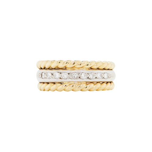 Diamond 18 Carat Yellow and White Gold Rope Wide Band Ring