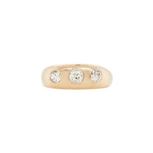 Antique Old Mine Cut Diamond 18K Yellow Gold Gents Three-Stone Ring