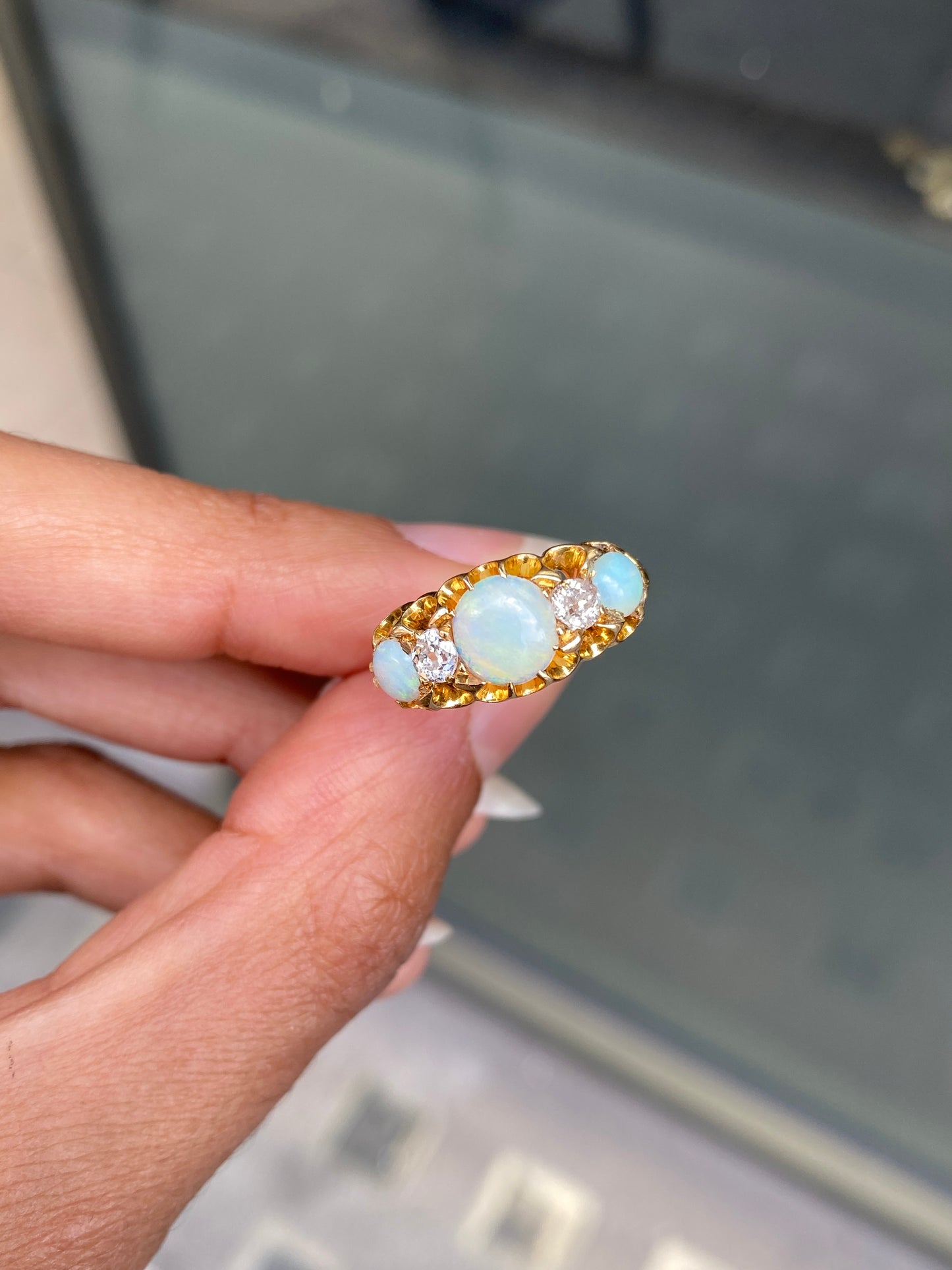Late Victorian Opal & Old Cut Diamond 18 Carat Yellow Gold Five-Stone Ring, 1899