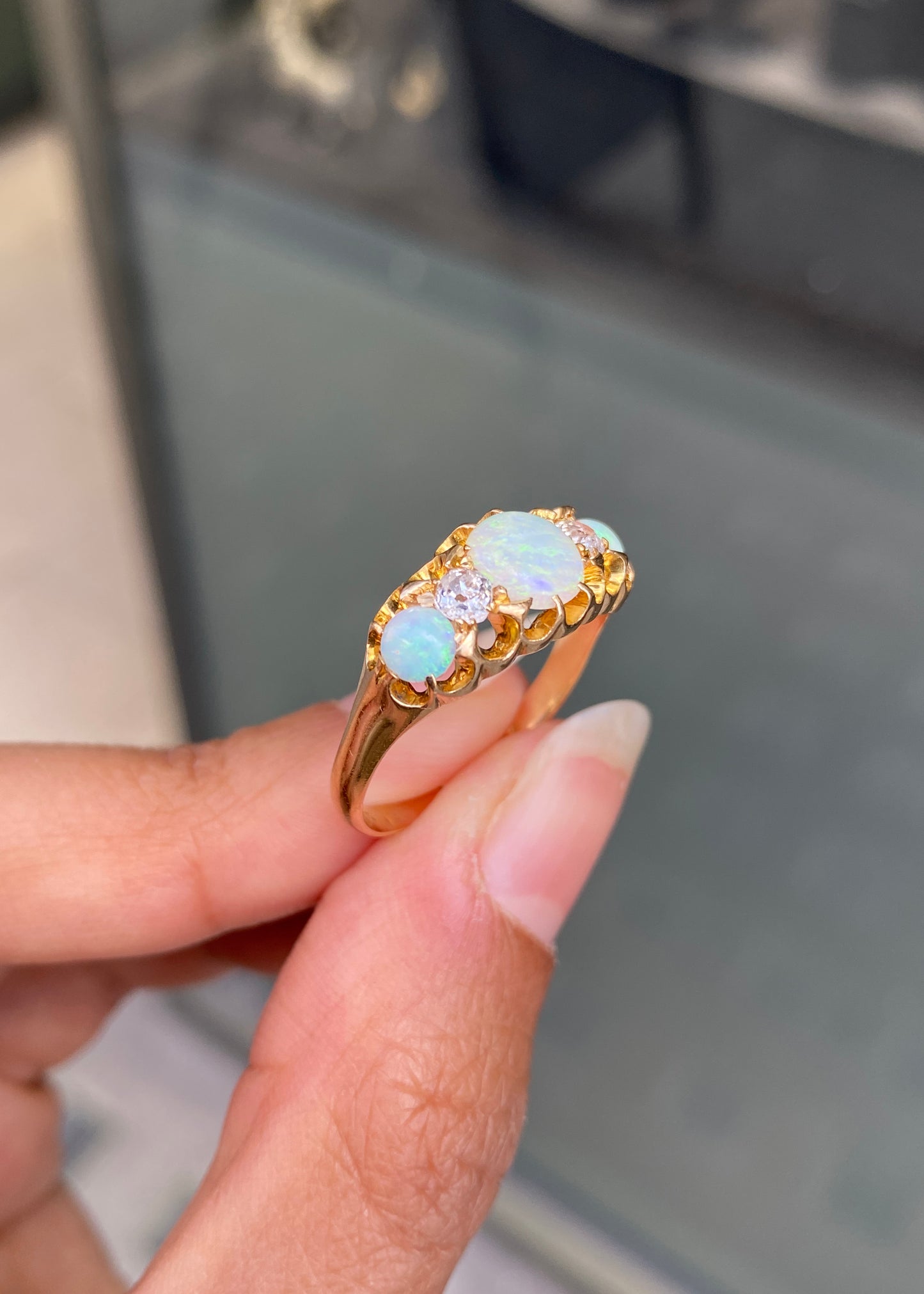 Late Victorian Opal & Old Cut Diamond 18 Carat Yellow Gold Five-Stone Ring, 1899