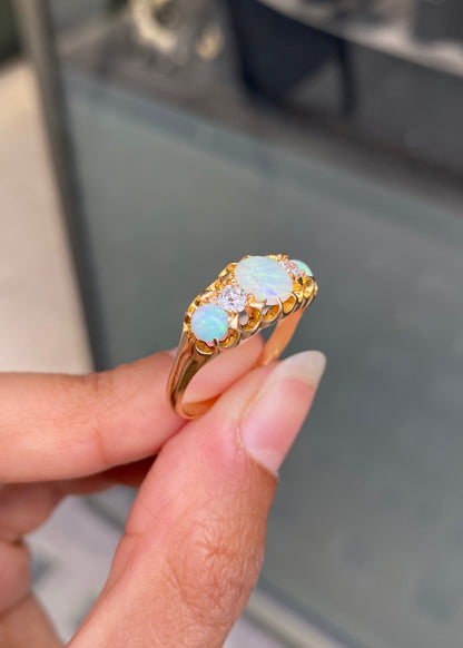 Late Victorian Opal & Old Cut Diamond 18 Carat Yellow Gold Five-Stone Ring, 1899