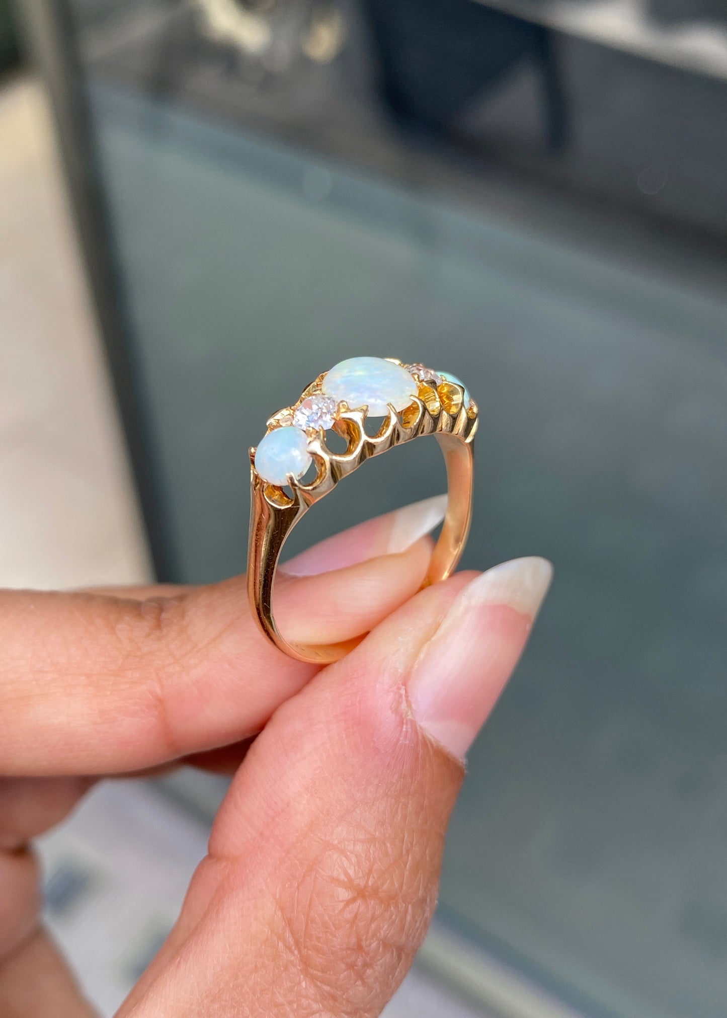 Late Victorian Opal & Old Cut Diamond 18 Carat Yellow Gold Five-Stone Ring, 1899