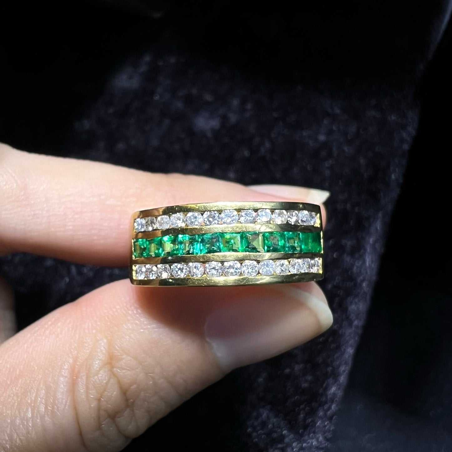 Emerald and Diamond 18 Carat Yellow Gold Half Eternity Band Ring