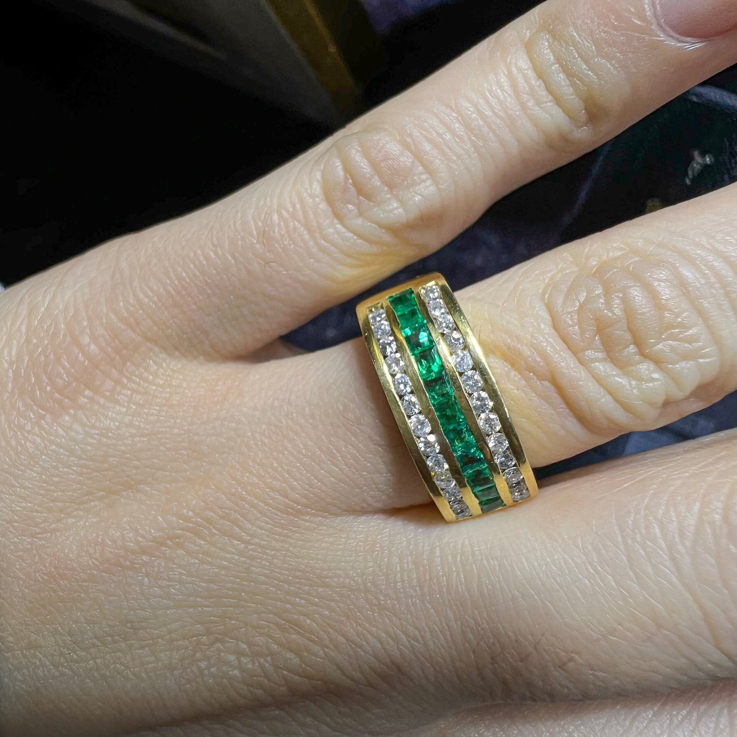 Emerald and Diamond 18 Carat Yellow Gold Half Eternity Band Ring