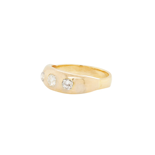 Antique Old Mine Cut Diamond 18K Yellow Gold Gents Three-Stone Ring