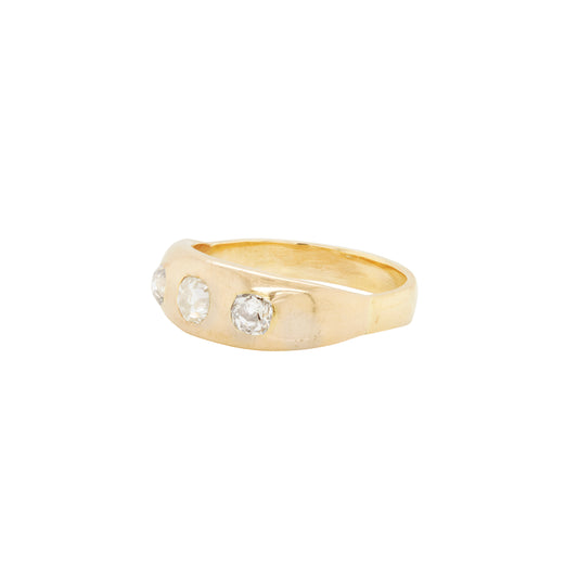 Antique Old Mine Cut Diamond 18K Yellow Gold Gents Three-Stone Ring