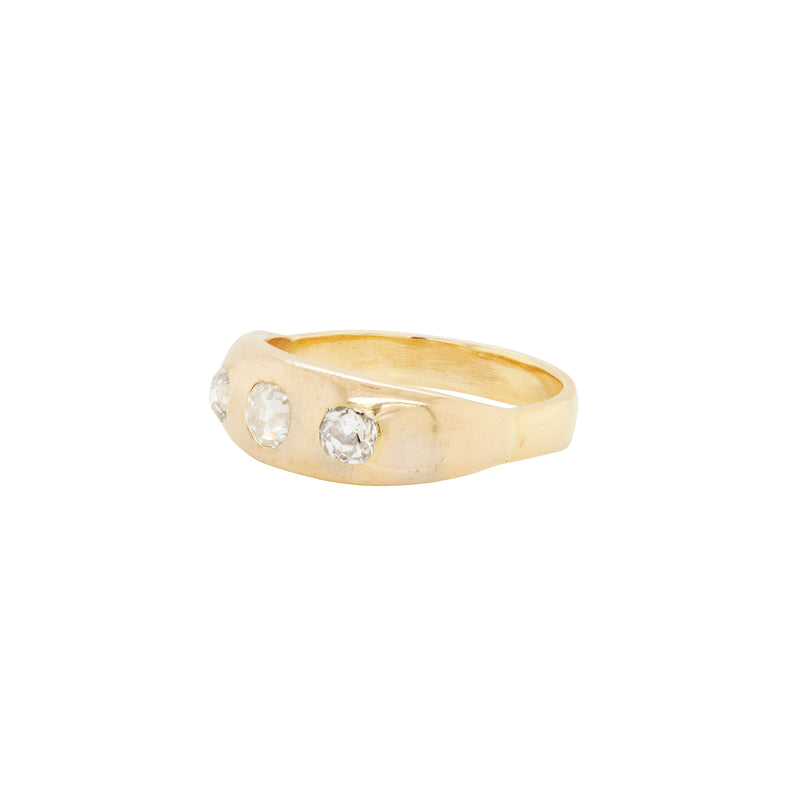 Antique Old Mine Cut Diamond 18K Yellow Gold Gents Three-Stone Ring