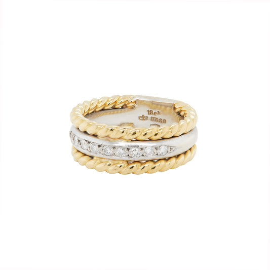 Diamond 18 Carat Yellow and White Gold Rope Wide Band Ring