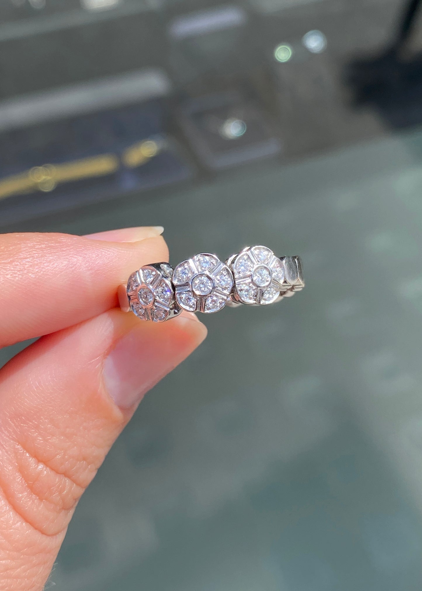 Triple Daisy Diamond Cluster 18 Carat White Gold Flexy Band Dress Ring
